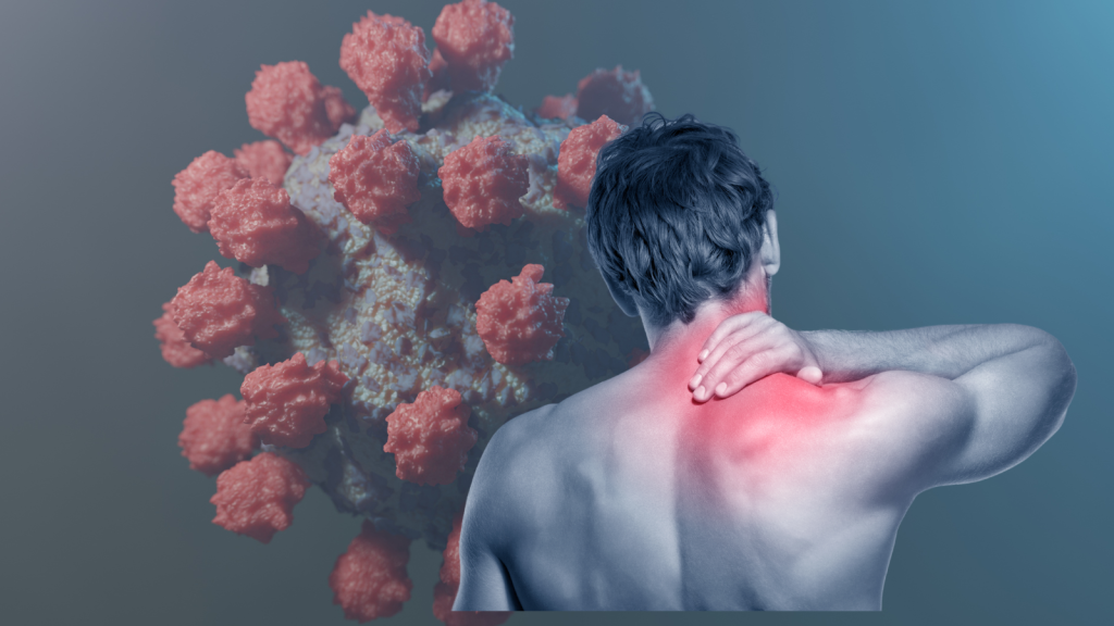 Image shows COVID Coronavirus and neck pain sufferer