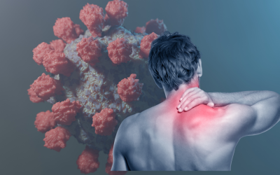 Image shows COVID Coronavirus and neck pain sufferer